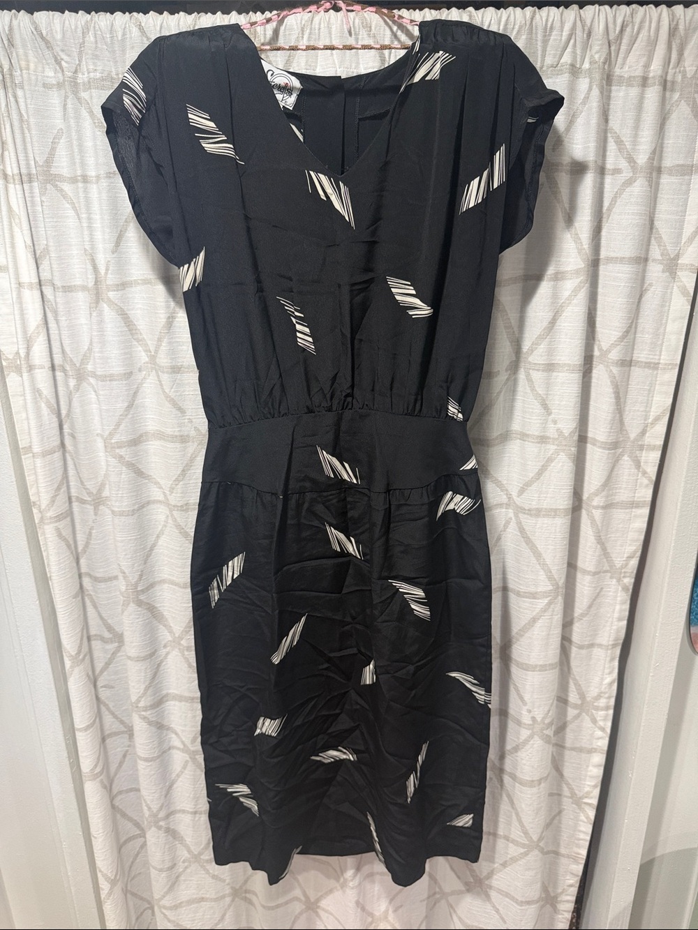 Black vintage  V-Neck Dress with White Abstract Print